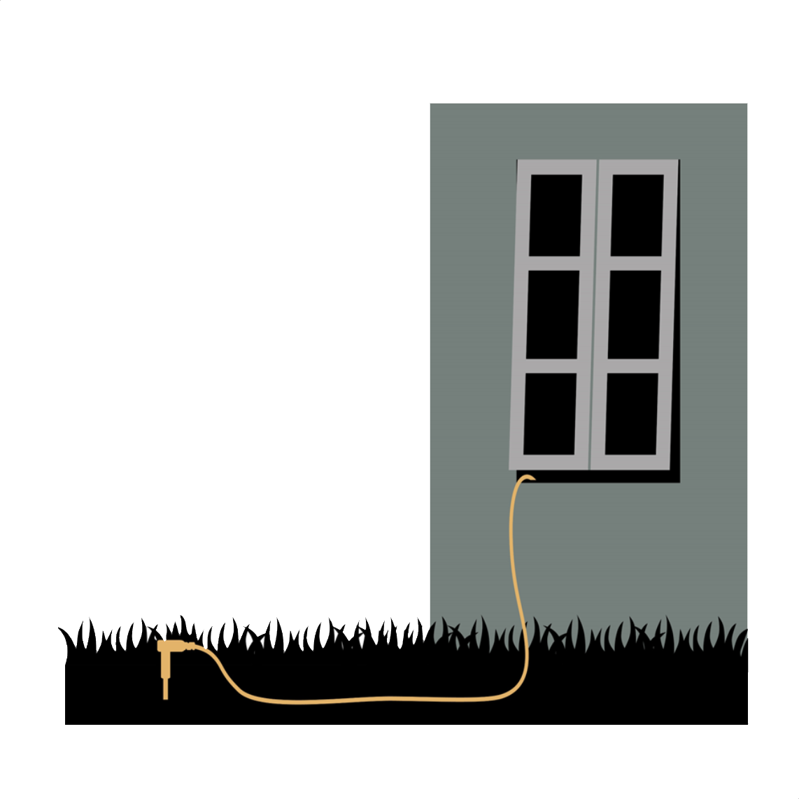 Ilustración de una piqueta de tierra en el jardín con el cable entrando por la ventana