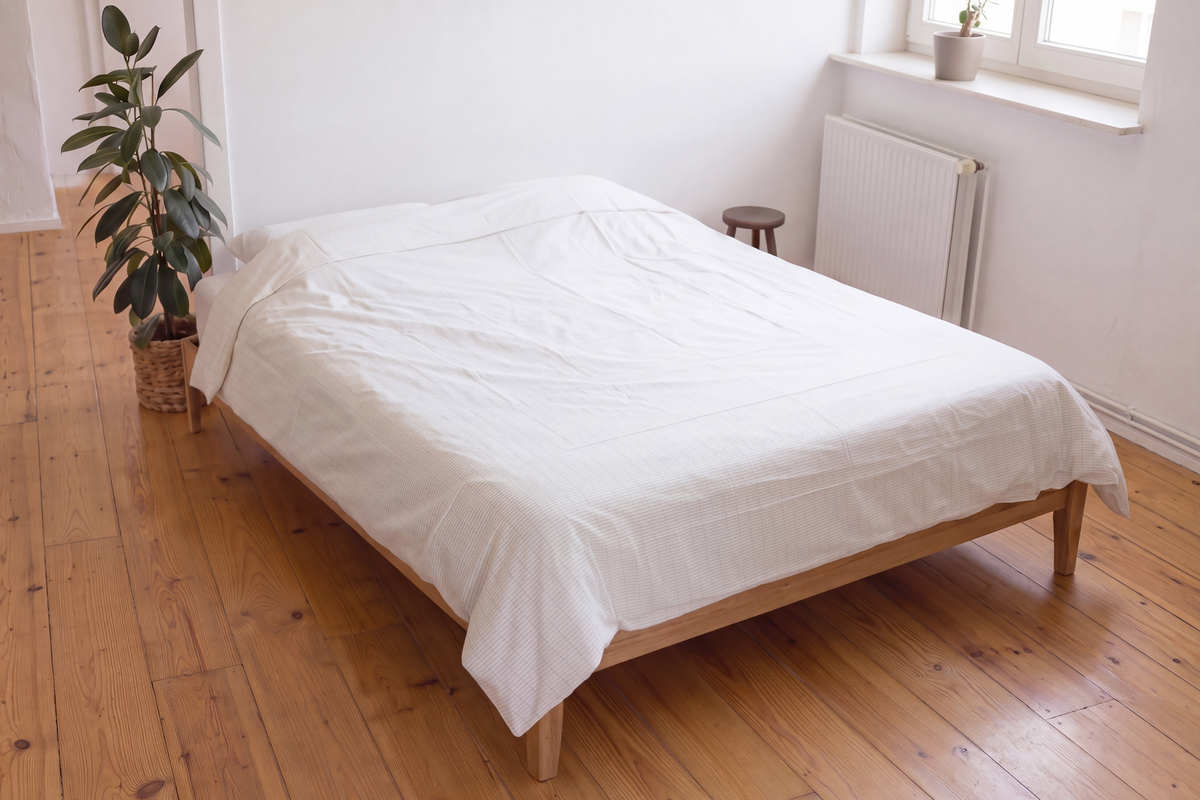 Funda nórdica de conexión a tierra Earthle en una cama de matrimonio junto a la ventana, 240 x 220 cm