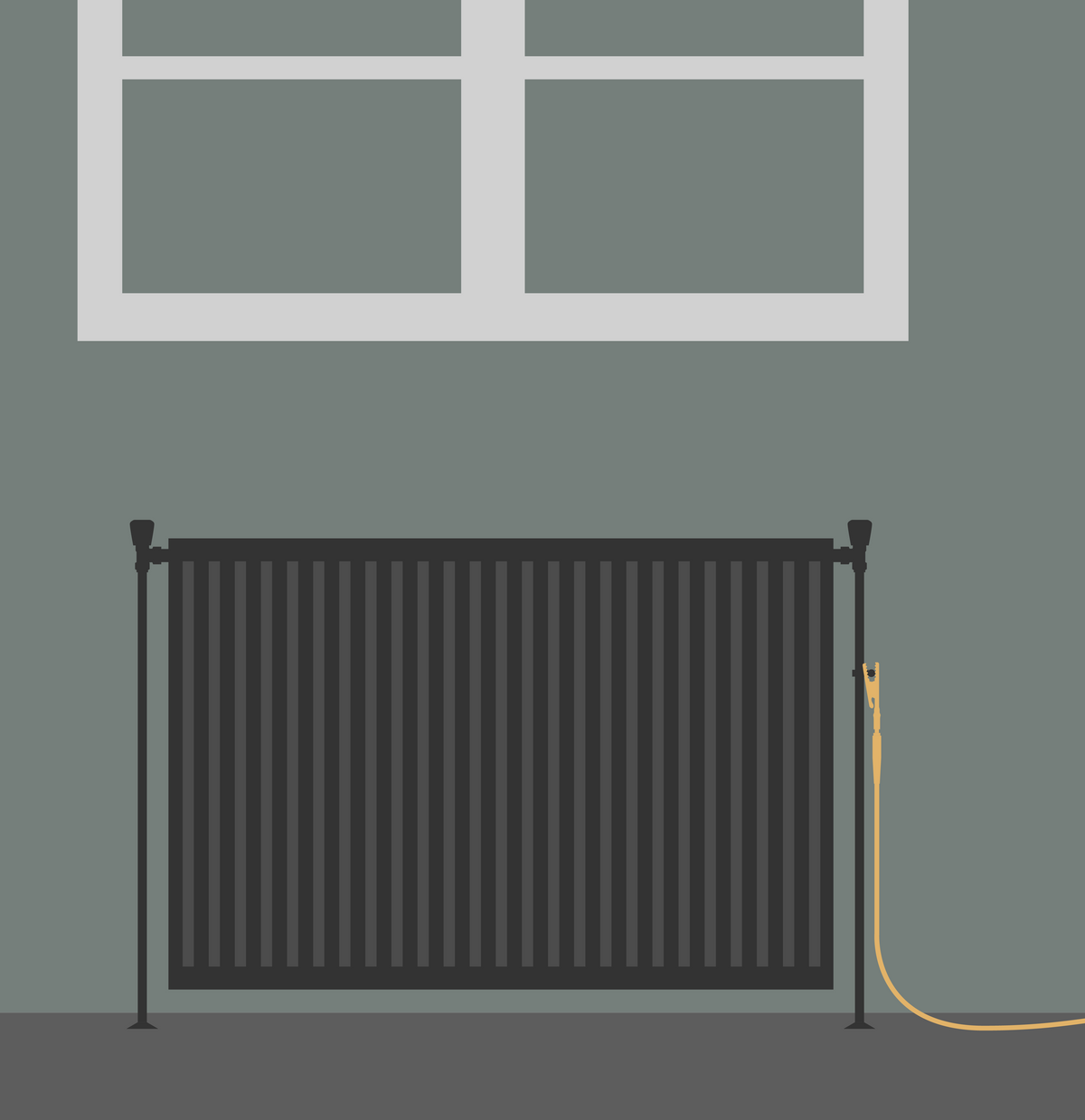 Ilustración de un radiador con la pinza de tierra puesta y el cable hacia el interior de la habitación
