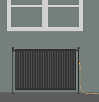 Ilustración de un radiador con la pinza de tierra puesta y el cable hacia el interior de la habitación